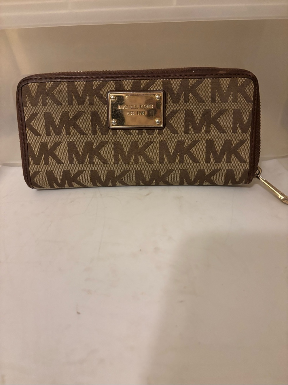 Michael Kors Brown Tan MK Signature Zip Wallet